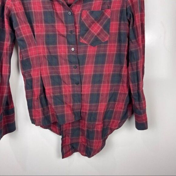 Zara Red Plaid Button Up Flannel Top Long Sleeve Asymmetrical Size Medium - Picture 5 of 10